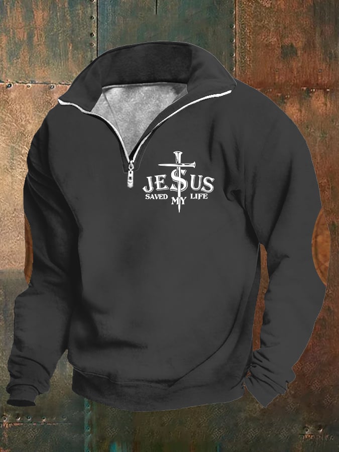 Men's Retro Faith "Jesus Saved My Life" Printed Stand Collar Zipper Sweatshirt