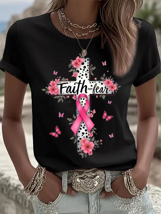 Women's Breast Cancer Faith Cross Faith over fear Print Casual T-shirt