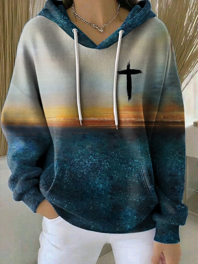 Women's Retro Faith Cross Print Casual Hooded Sweatshirt