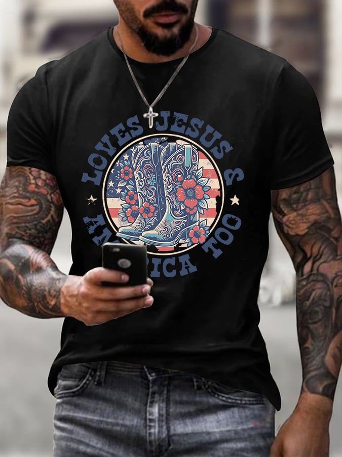 Men'S Casual "Love Jesus, Love America" Faith Short Sleeve T-Shirt