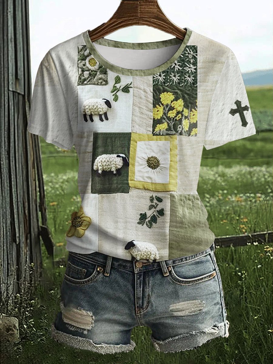 Women's Faith Sheep Print Short Sleeve Top