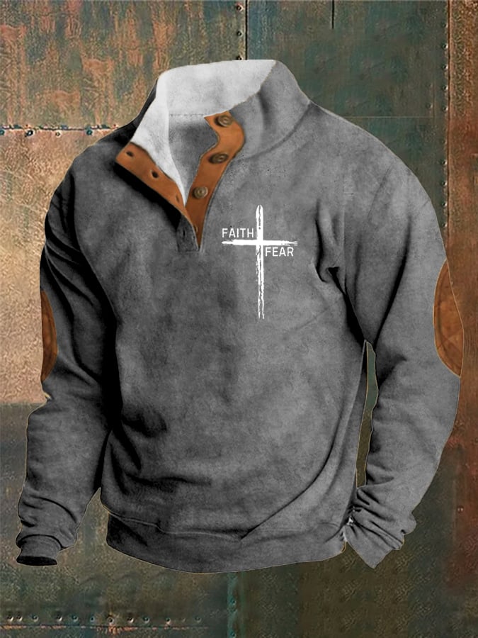 Men's Vintage Faith "Faith Over Fear" Printed Stand Collar Button-Up Sweatshirt