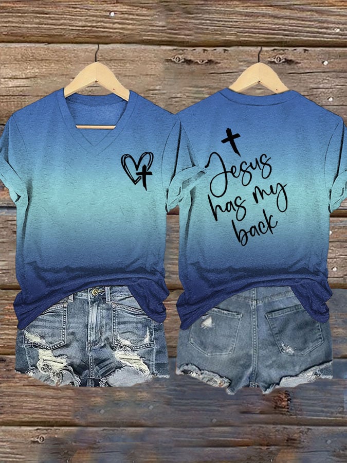 Women's Jesus Has My Back Print V Neck T-Shirt