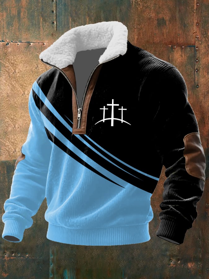 Men's Vintage Faith Design Printed Knit Fabric Zipper Fur Collar Long Sleeve Sweatshirt