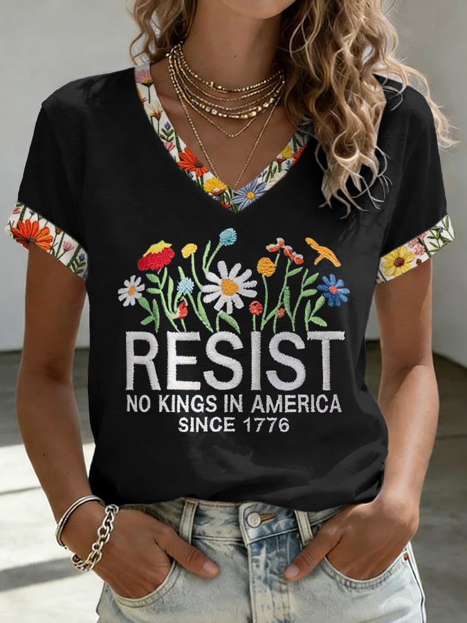 🔥Buy 3 Get 15% Off🔥V-Neck Retro Resist No Kings In America Since 1776 Print T-Shirt