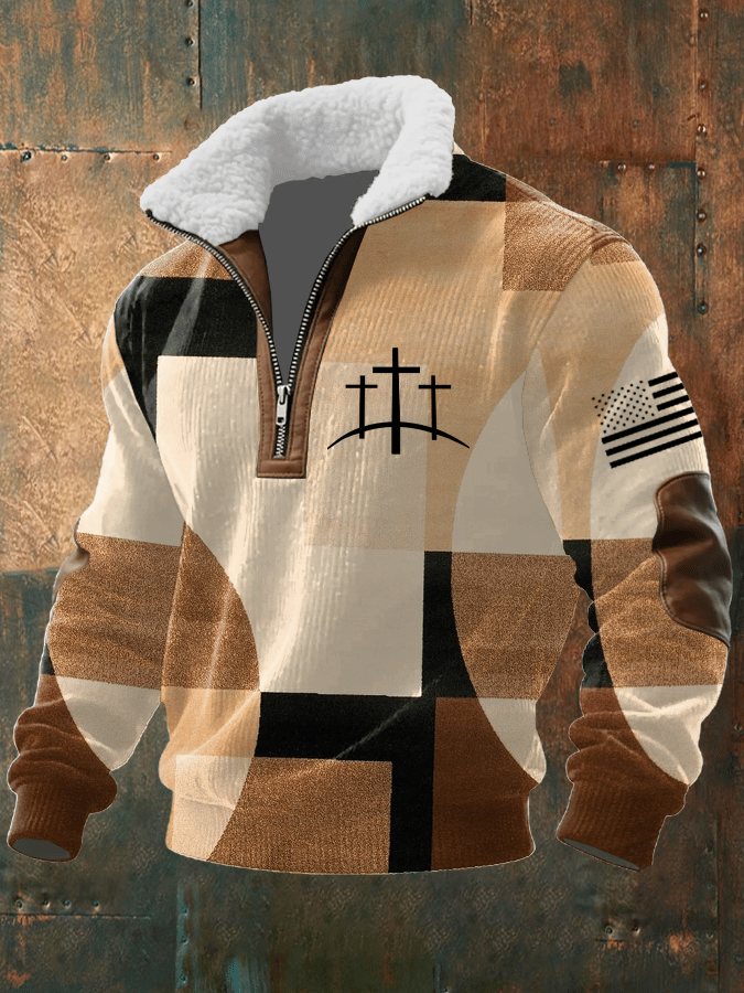 Men's Faith Print Knitted Fabric Zipper Fur Collar Long-Sleeved Sweatshirt