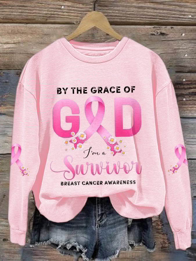 Retro Breast Cancer Awareness Pink Ribbon By The Grace Of God I'm A Survivor Print Sweatshirt