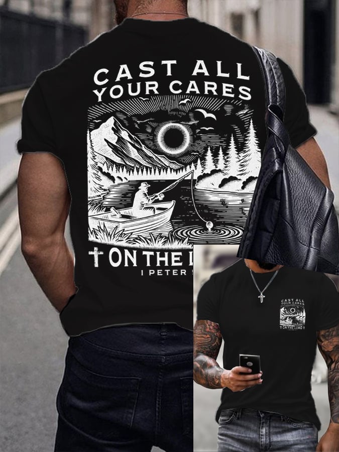 Men's Retro Faith Fishing Hunting Print T-Shirt