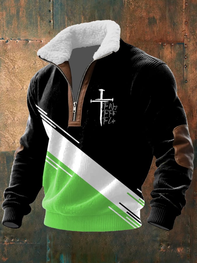 Men's Vintage Faith Design Printed Knit Fabric Zipper Fur Collar Long Sleeve Sweatshirt