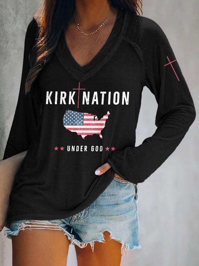 V-neck Retro Kirk Nation Under God Print T-Shirt