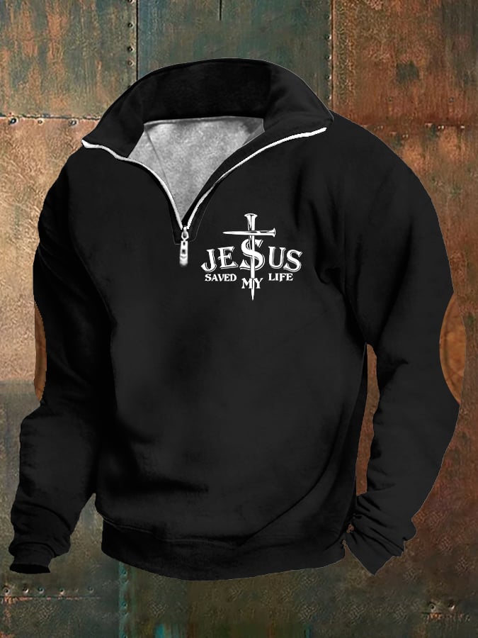 Men's Retro Faith "Jesus Saved My Life" Printed Stand Collar Zipper Sweatshirt