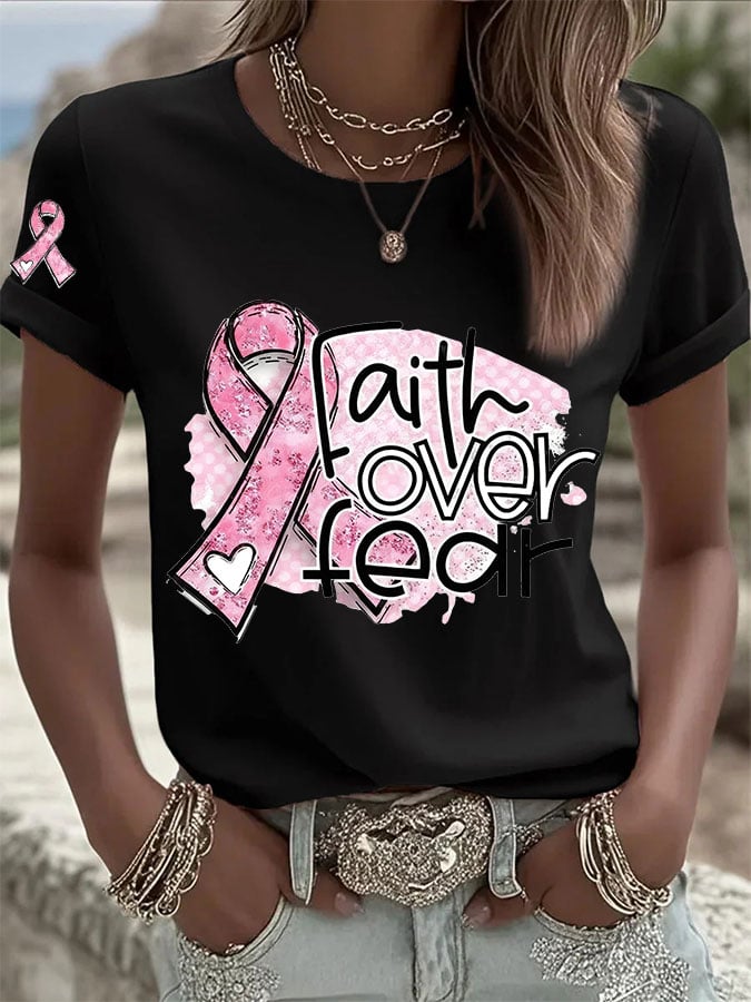 Women's Breast Cancer Faith Cross Faith over fear Print Casual T-shirt
