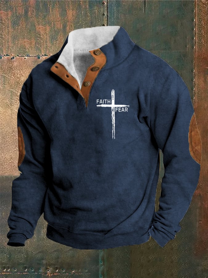 Men's Vintage Faith "Faith Over Fear" Printed Stand Collar Button-Up Sweatshirt