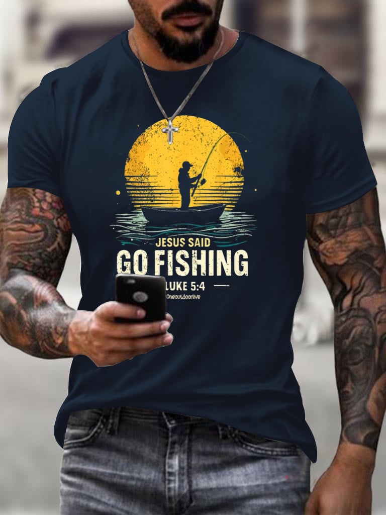 Men's Jesus Said Go Fishing Printed Casual T-shirt