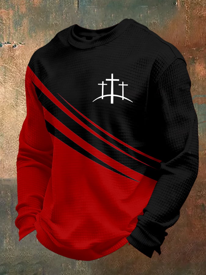 Men's Retro Faith Design Printed Waffle Fabric Long Sleeve T-Shirt