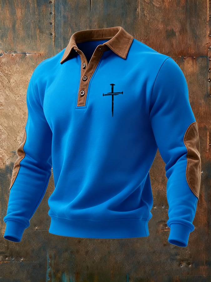 Men's Vintage Faith Cross Print Button Lapel Sweatshirt
