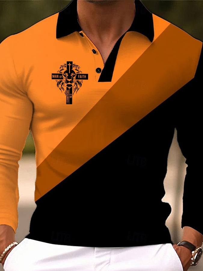 🔥Buy 3 Get 15% Off🔥Men's Retro Geometric Faith Cross Print Long Sleeve Polo Shirt