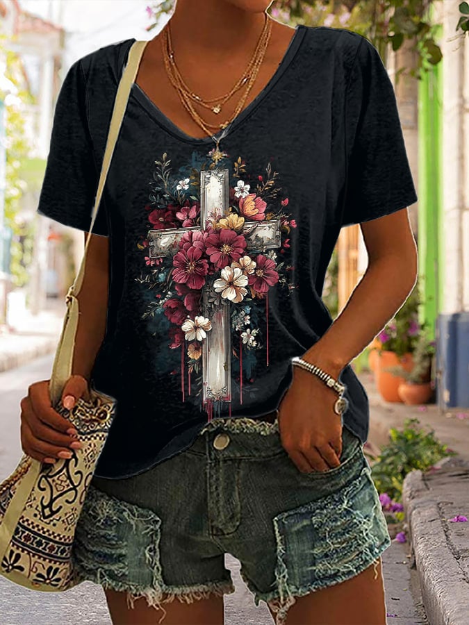 Women's Faith Flower Cross Print Short Sleeve T-Shirt