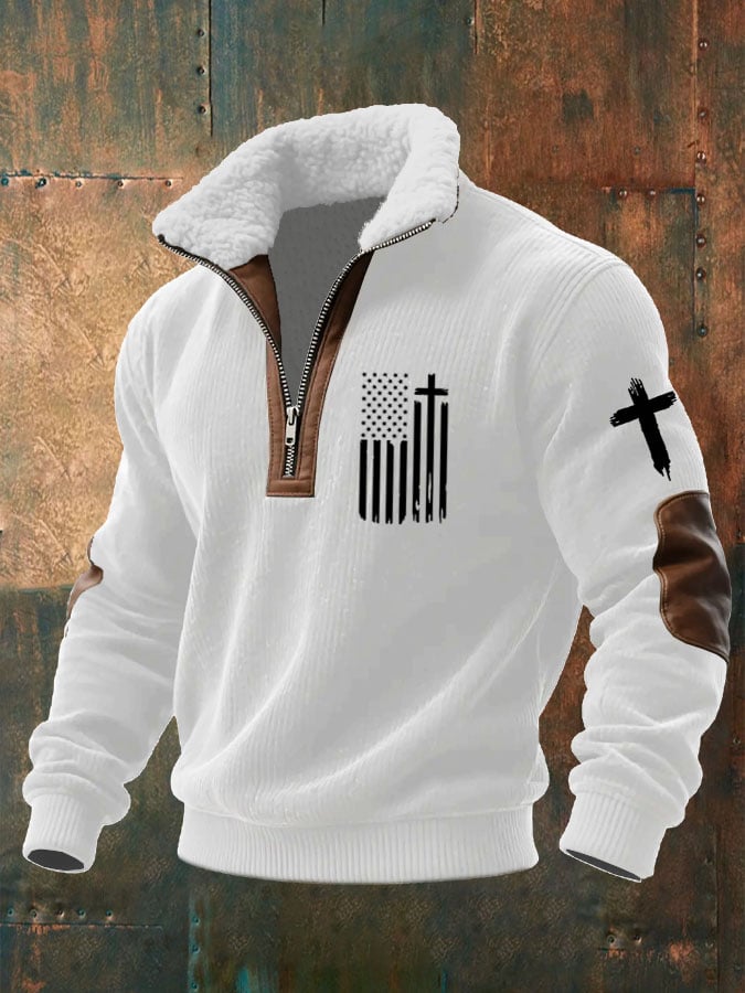 Men's Flag Cross Printed Knitted Fabric Zipper Fur Collar Sweatshirt