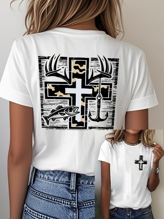 Women's Retro Faith Fishing Hunting Print T-Shirt