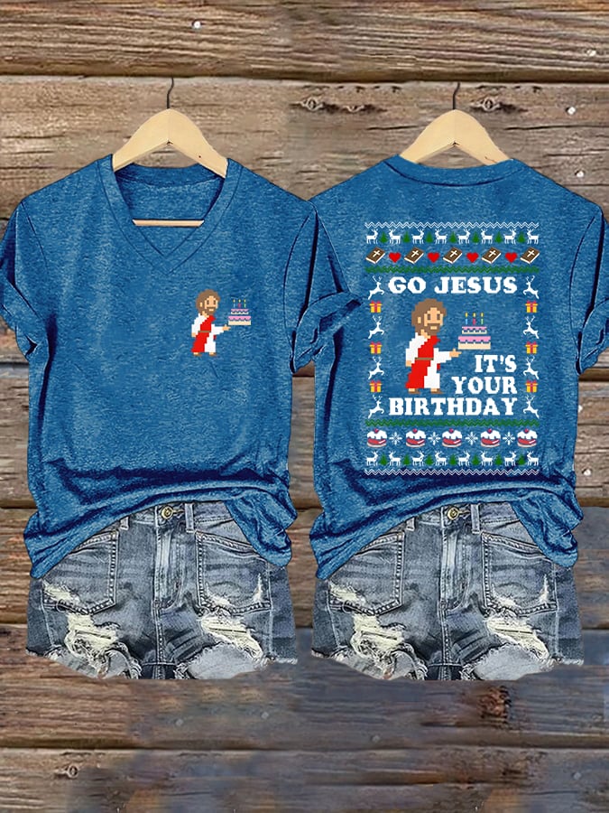 Women'S Casual Christmas "Jesus, It'S Your Birthday" Print Short Sleeve T-Shirt