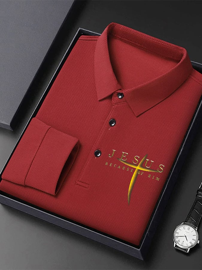 🔥Buy 3 Get 15% Off🔥Men's Vintage Faith “Jesus Because Of Him” Long Sleeves Polo Shirt