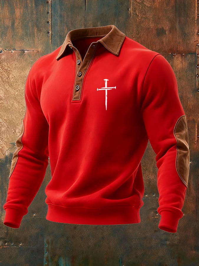 Men's Vintage Faith Cross Print Button Lapel Sweatshirt