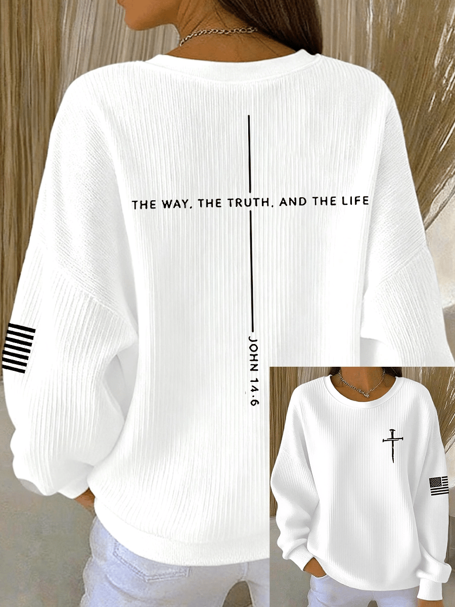 Women's Jesus The Way The Truth The Life John 14:6 Christian Cross Ribbed Round-Neck Sweatshirt