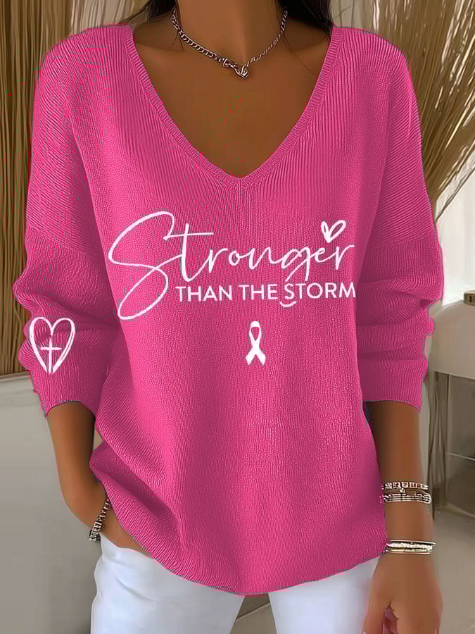 Women's Breast Cancer Awareness Stronger than the storm Print Long Sleeve T-Shirt