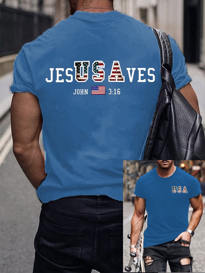 🔥Buy 3 Get 15% Off🔥Men's Vintage USA Jesus Saves Printed Round Neck T-Shirt