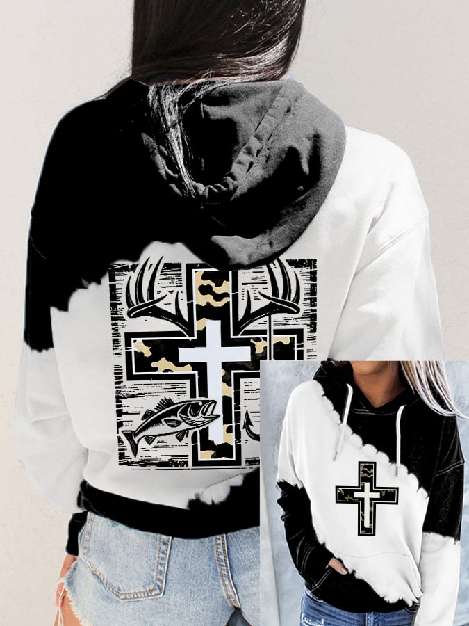 Women's Retro Faith Fishing Hunting Print Hoodie