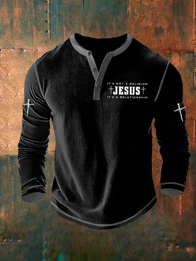 Men's Faith Cross Print Henley Collar Shirt