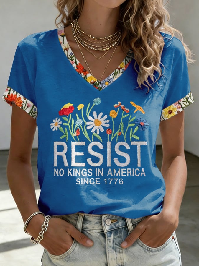 🔥Buy 3 Get 15% Off🔥V-Neck Retro Resist No Kings In America Since 1776 Print T-Shirt