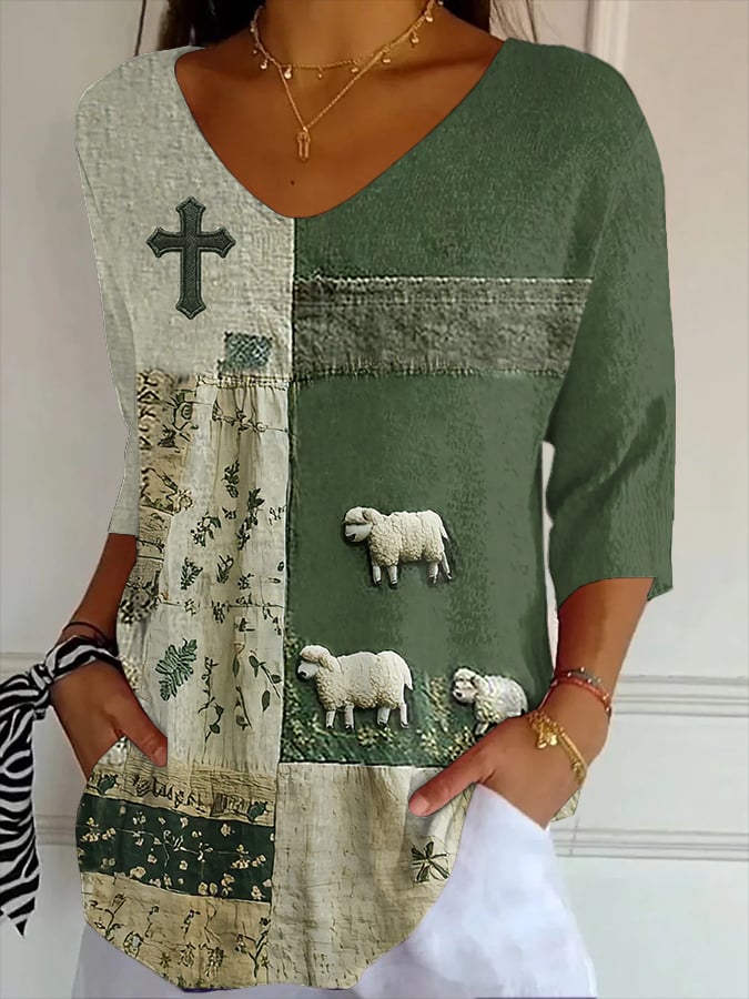 Women's Faith Cute Sheep On The Grassland V-Neck Printed Long Striped Top