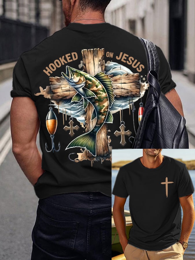 Men's Vintage Faith Attracted by Jesus Fishing Print T-Shirt