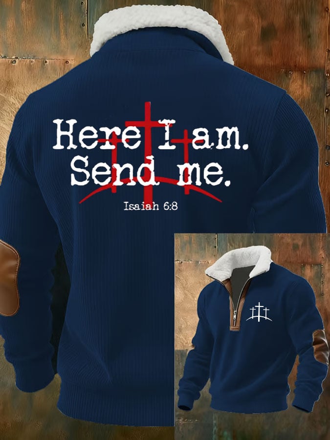 Men's Faith Print Zipper Fur Collar Long Sleeve Sweatshirt