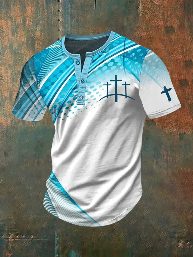 🔥Buy 3 Get 15% Off🔥Men's Vintage Faith Cross Design Print Henley Neck T-Shirt