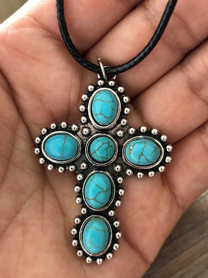 European And American Vintage Turquoise Cross Necklace