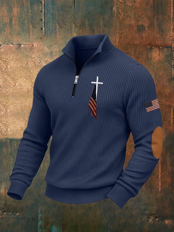Men's Cross and Flag Print Zipper Collar Sweatshirt