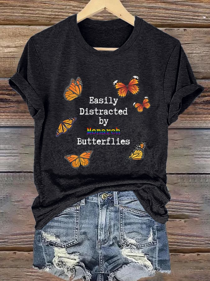 🔥Buy 3 Get 15% Off🔥Women'sEasily Distracted By Monarch Butterflies Printed T-Shirts