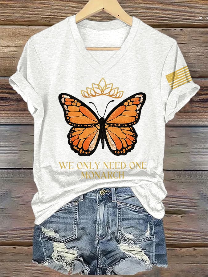 🔥Buy 3 Get 15% Off🔥V-Neck Retro No Kings We Only Need One Monarch Butterfly Print T-Shirt