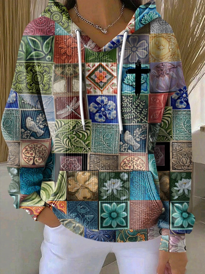 Women's Casual Retro Color Block Contrast Print Faith Texture Hoodie