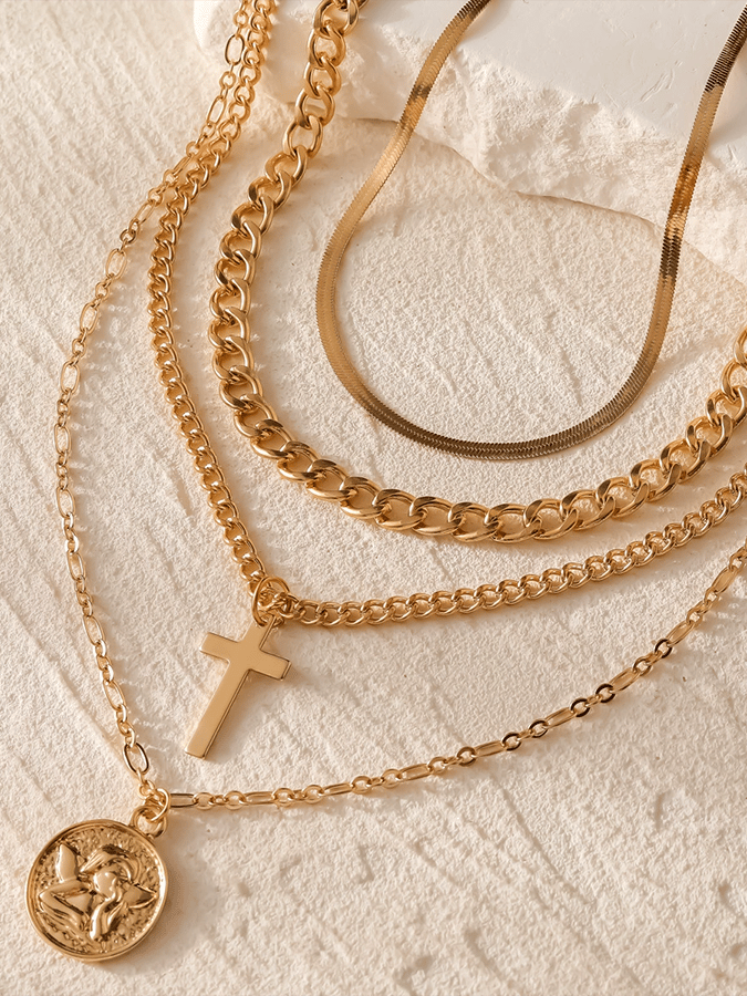 Multi-Layer Cross Angel Coin Pendant Niche Cross Necklace Set