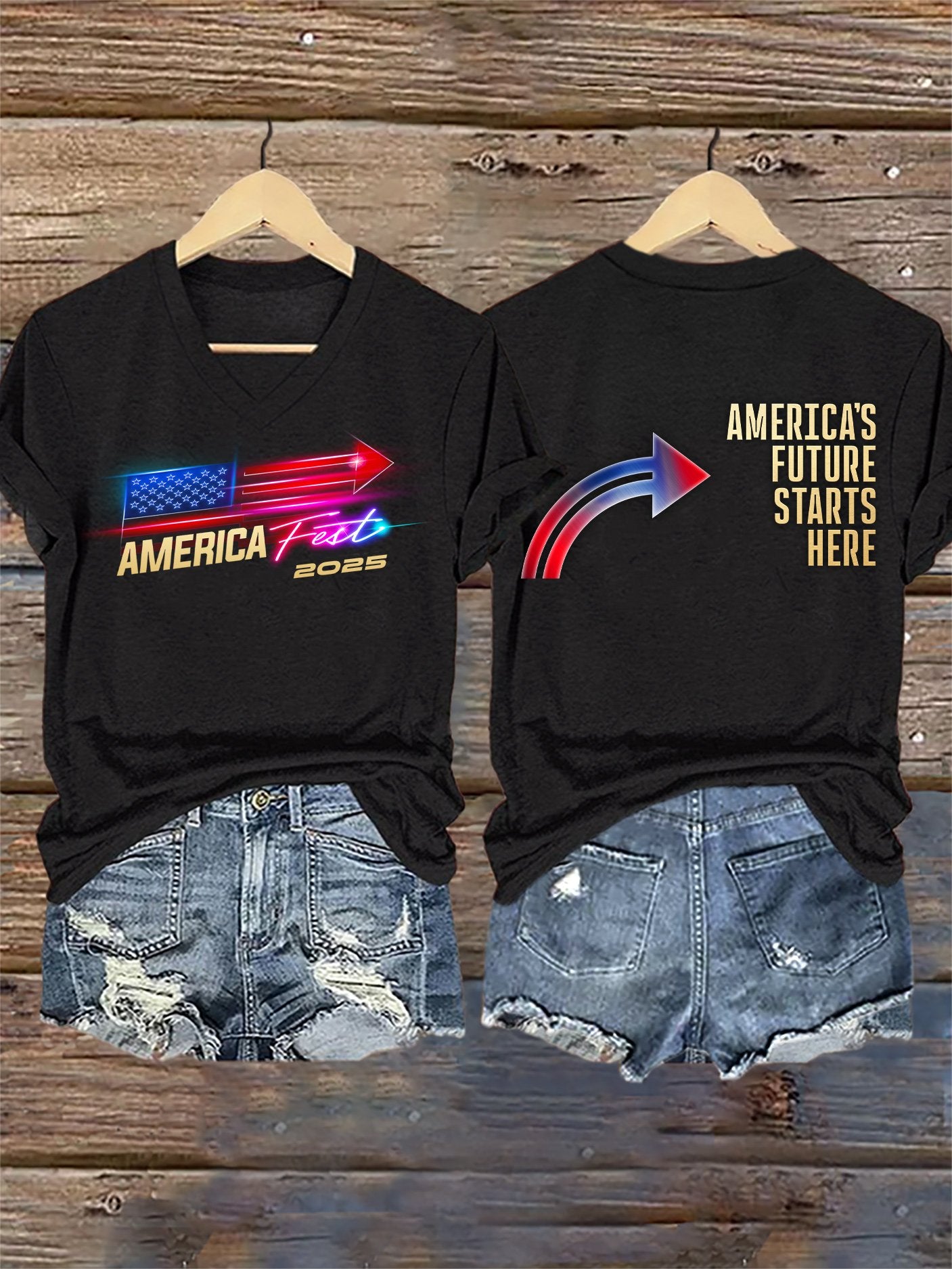 V-Neck Retro America Fest 2025 America's Future Starts Here Print T-Shirt