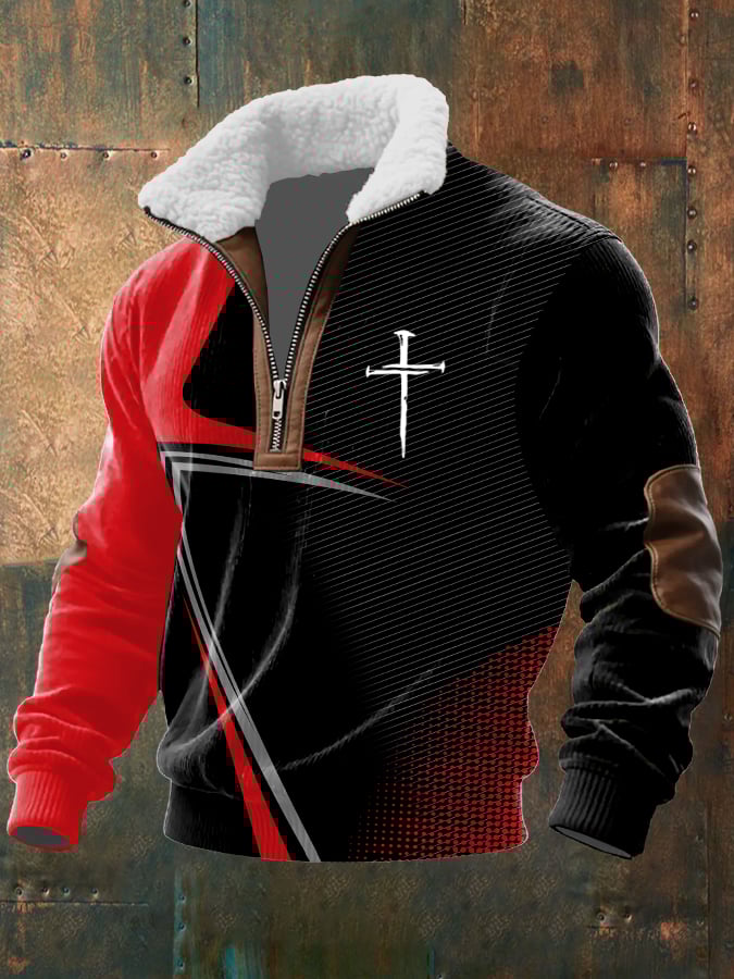 Men's Vintage Faith Design Printed Knit Fabric Zipper Fur Collar Long Sleeve Sweatshirt
