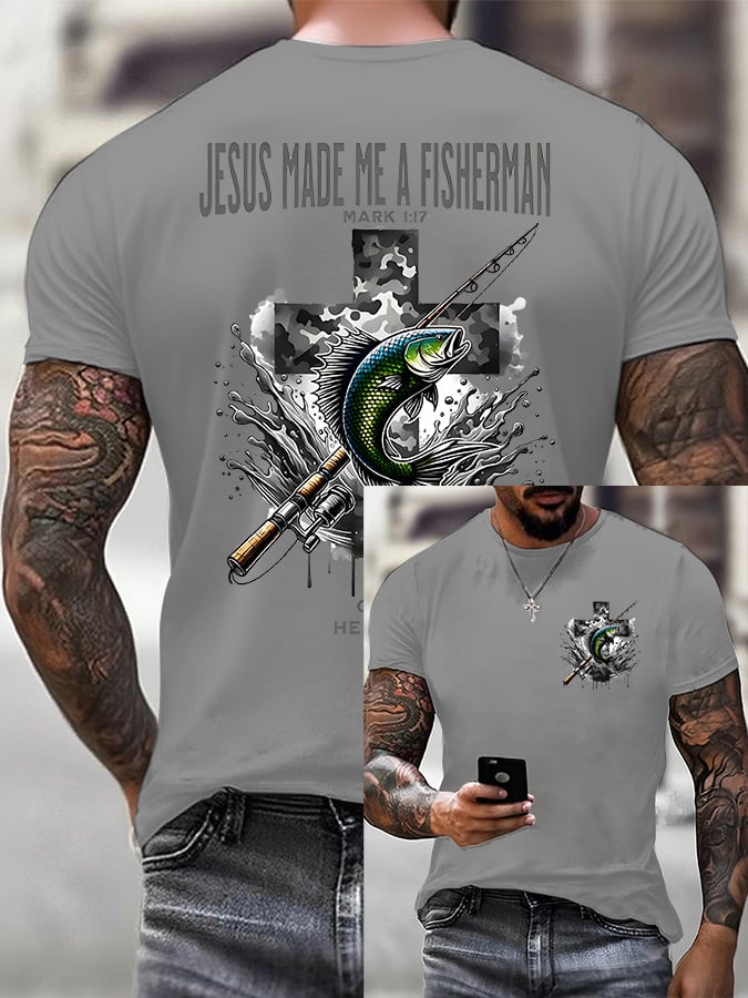 Men'S Casual Jesus Made Me A Fisherman Print T-Shirt