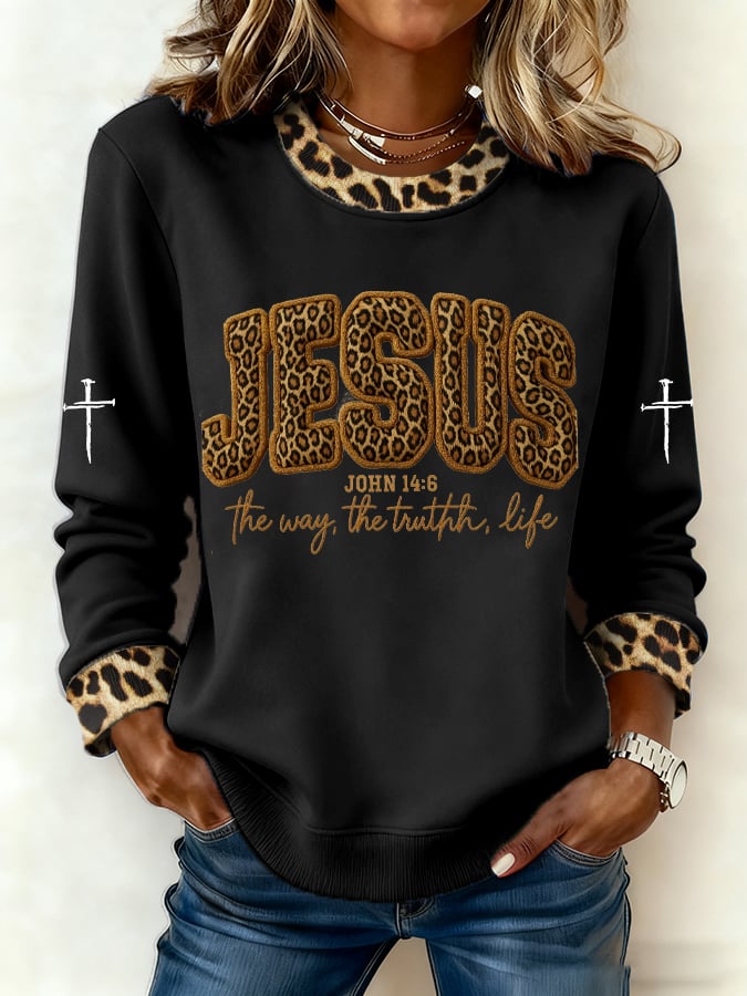 Women's Casual Retro The Way The Truth The Life Leopard Print Sweatshirt