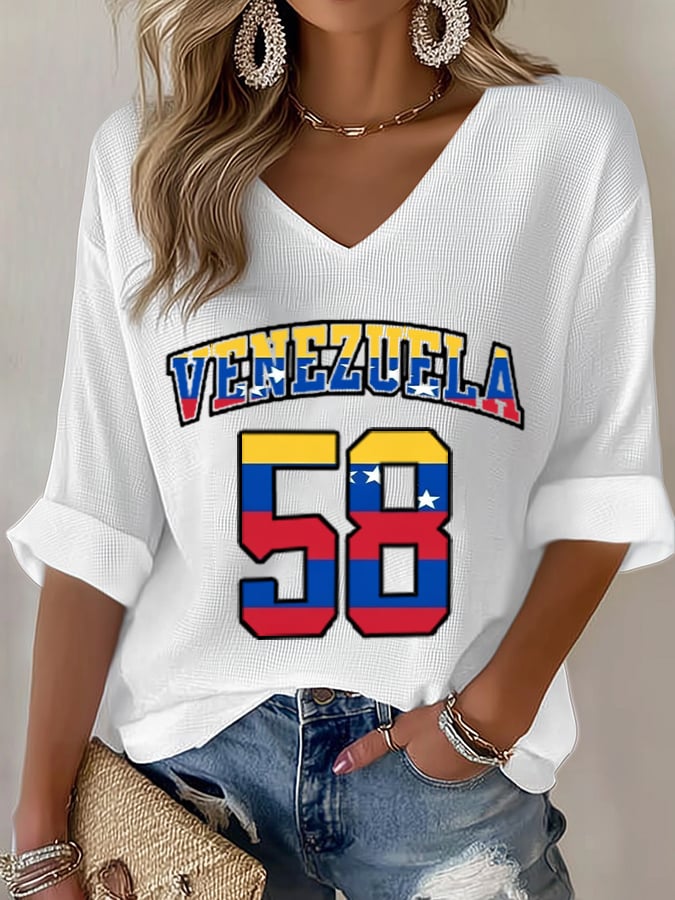 Women's Baseball Print V-Neck Top