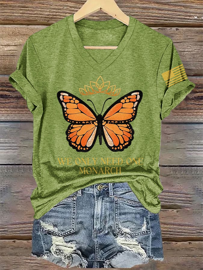 🔥Buy 3 Get 15% Off🔥V-Neck Retro No Kings We Only Need One Monarch Butterfly Print T-Shirt