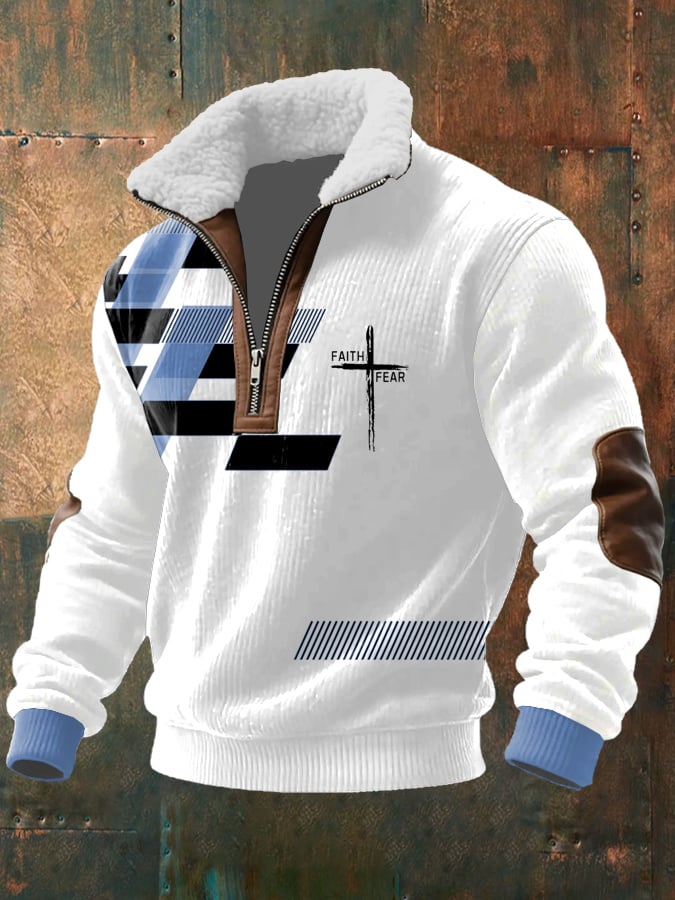 Men's Vintage Faith Design Printed Knit Fabric Zipper Fur Collar Long Sleeve Sweatshirt